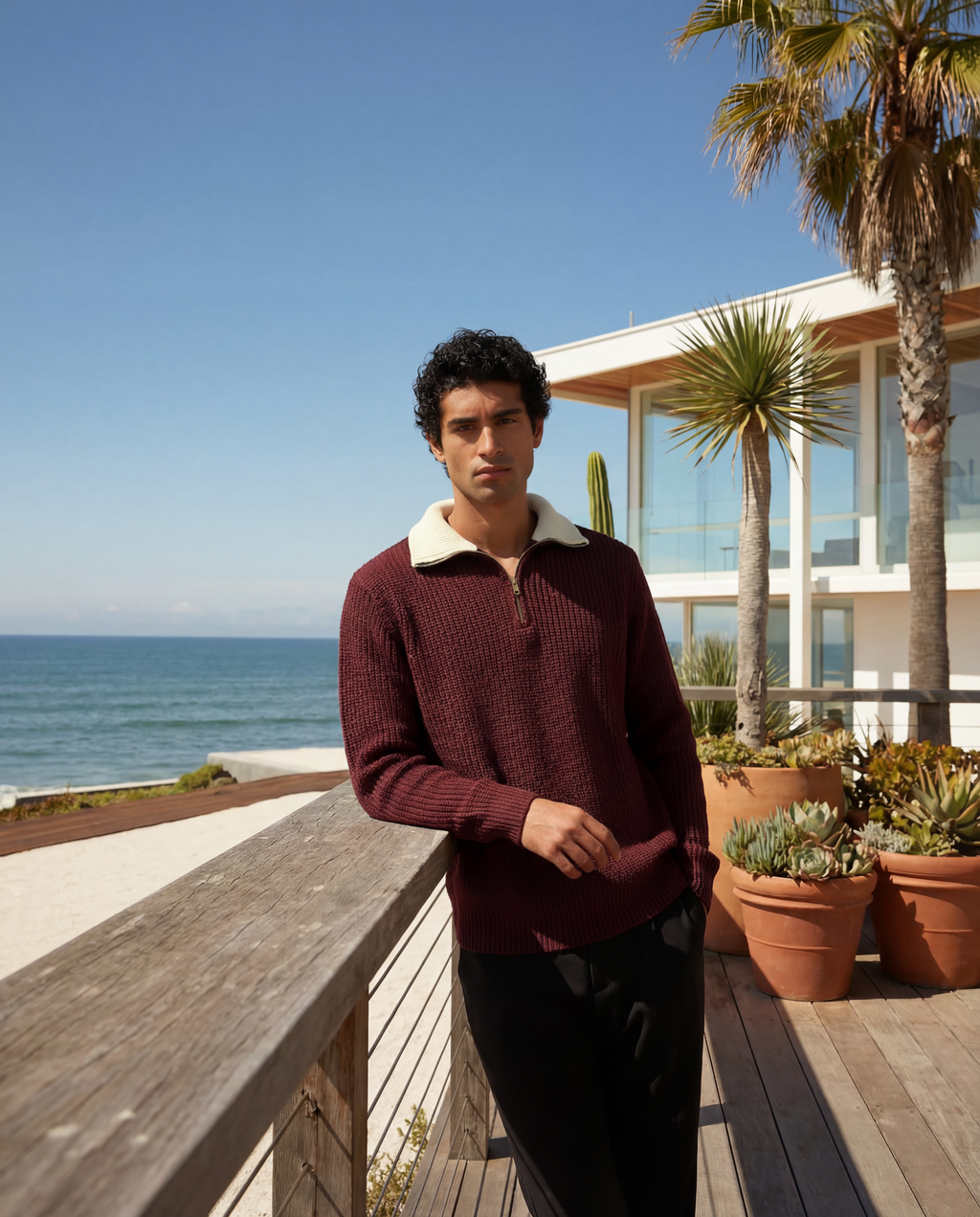 Unisex Quarter Zip Polo-Burgundy